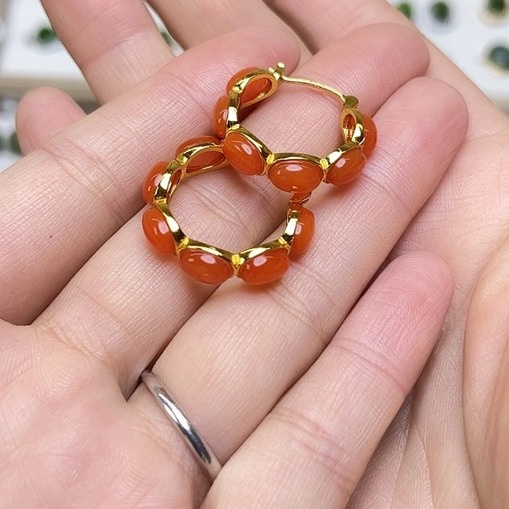 笑***笑南红玛瑙银S925镶嵌耳饰