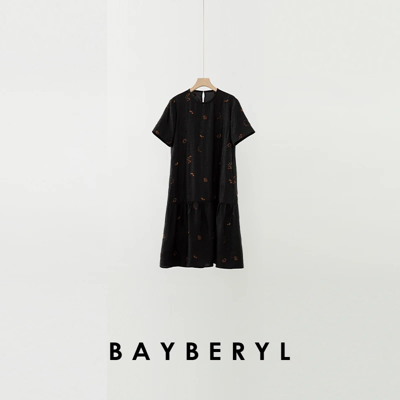 BAYBERYL老贝橙花裙*香云龟裂褶皱摆国风圆领连衣裙DR5F1021-6/14