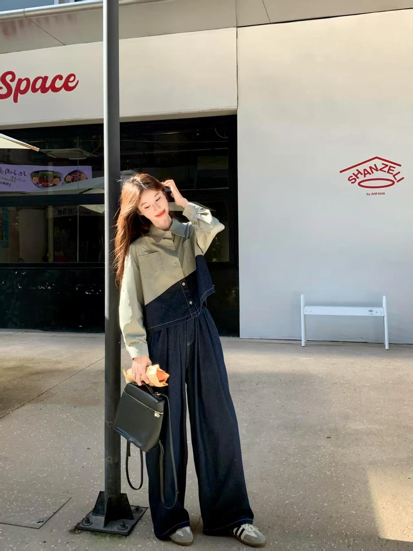 港风复古牛仔拼接衬衫套装裤女春秋2025新款甜酷休闲阔腿裤两件套