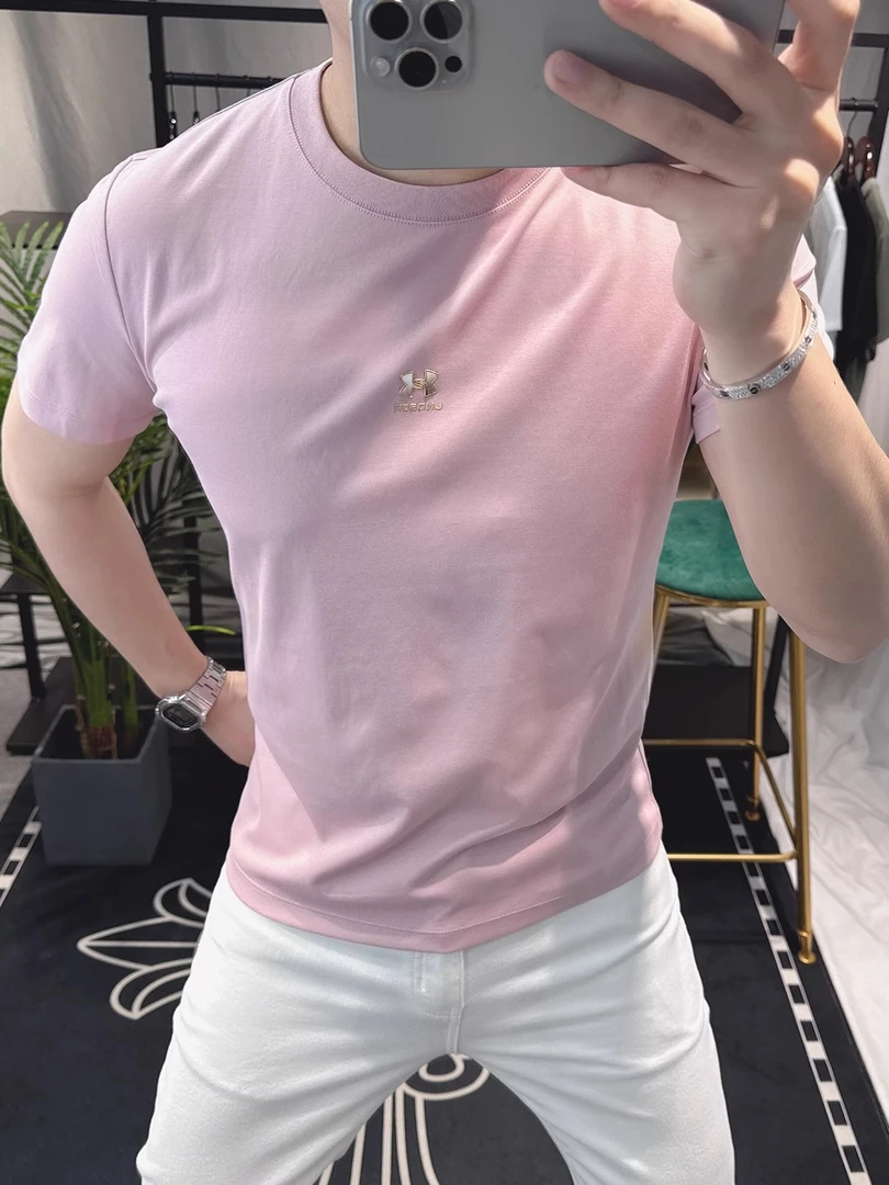 昆加希毕欧洲站2025夏季粉色短袖t恤男修身圆领个性帅气男士半袖