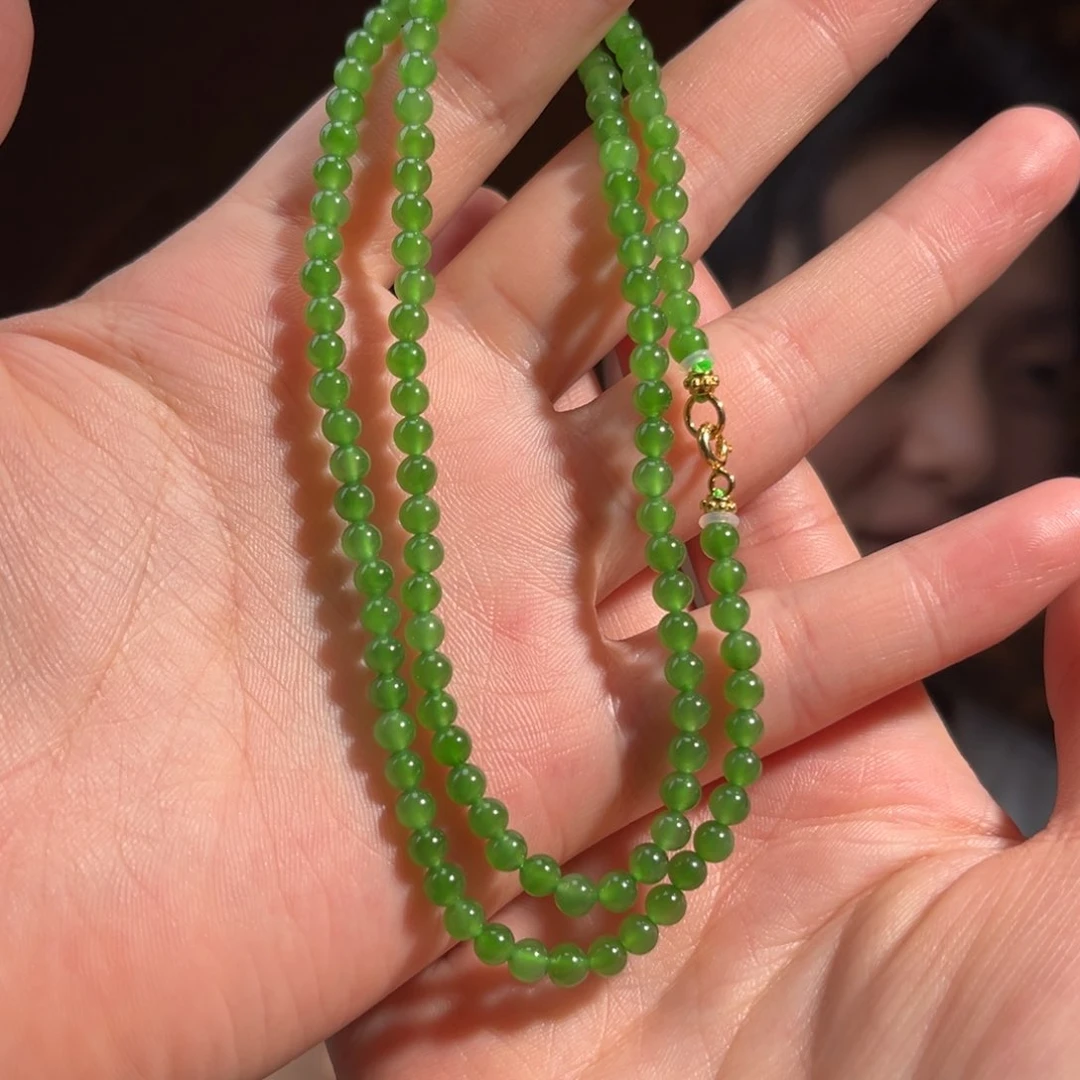 和田玉银S925镶嵌颈饰碧玉辣阳绿4mm550