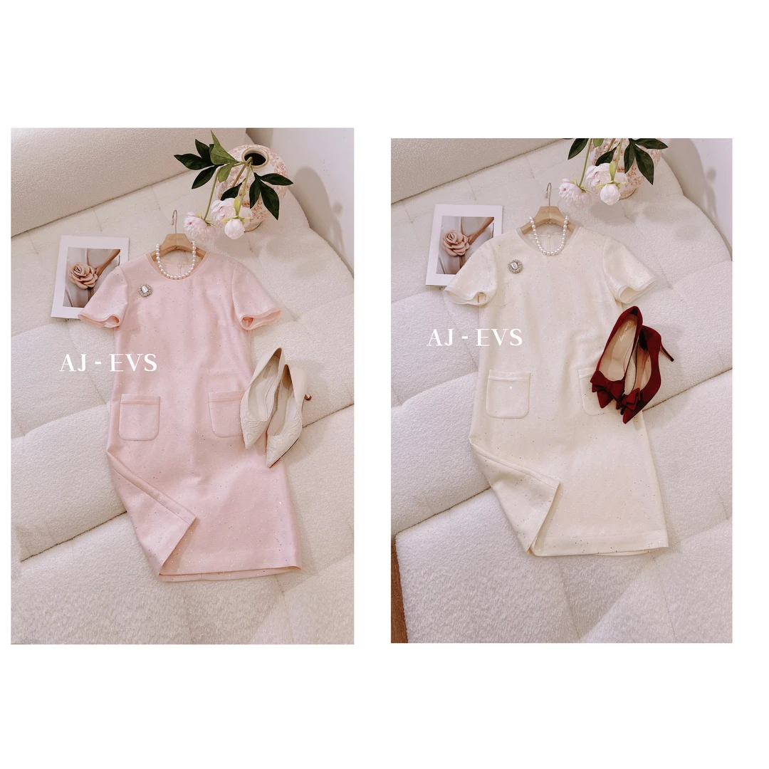 AJ-EVS【法式优雅·进口亮片天丝冰凉舒适感气质短袖连衣裙】