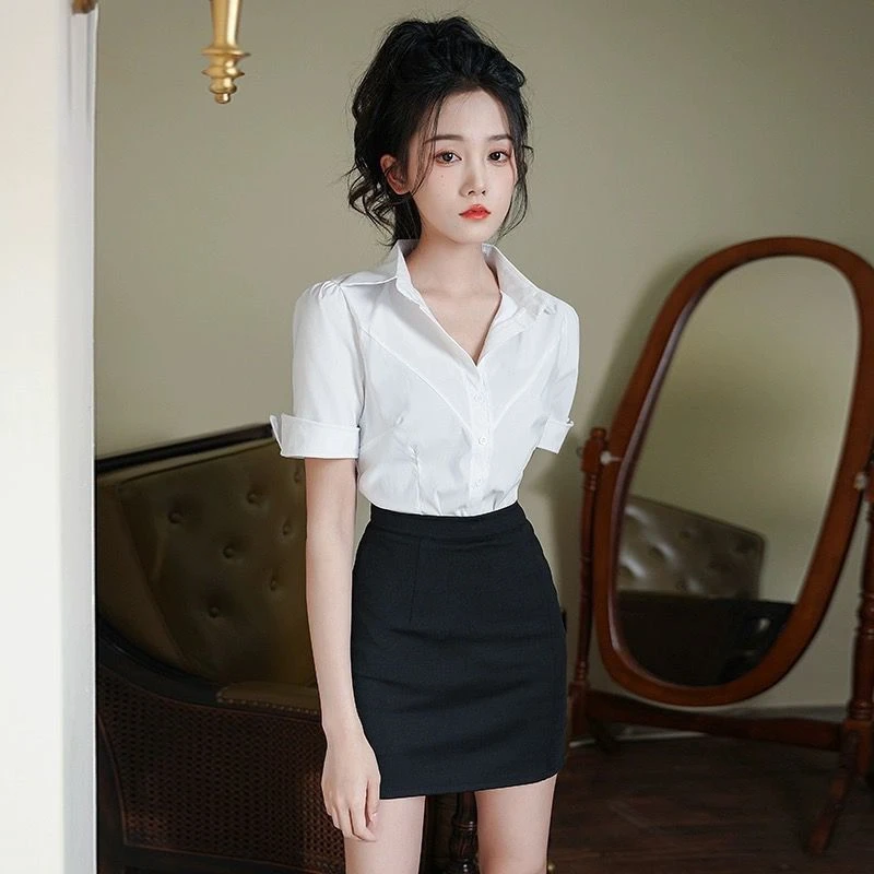 女装减龄小众Polo领制服领带修身衬衣+高腰包臀裙职业装两件套潮