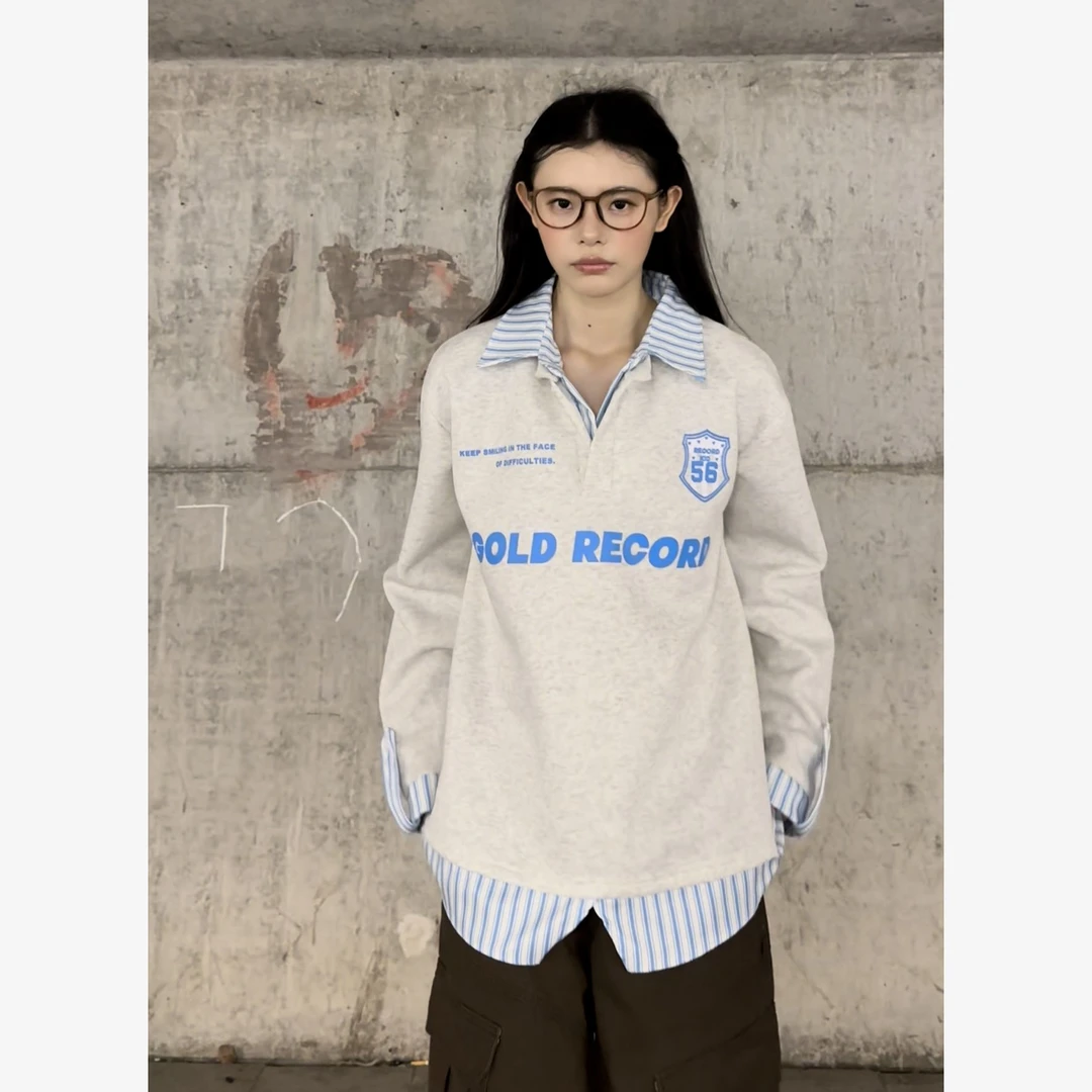 QIUYIDAODI美式潮牌衬衫秋季新款重磅长袖T恤男女复古宽松上衣