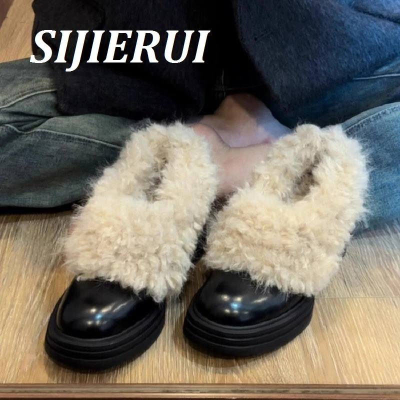 SIJIERUI防水台高跟鞋复古圆头毛毛鞋女厚底一脚蹬加绒保暖棉鞋女