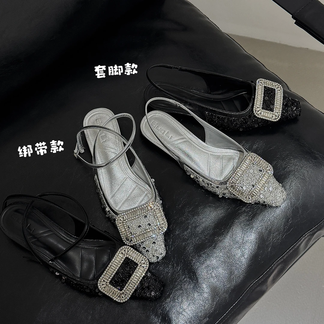 2025春夏新款仙女风水钻方扣后空单鞋浅口小方头亮片低跟包头凉鞋