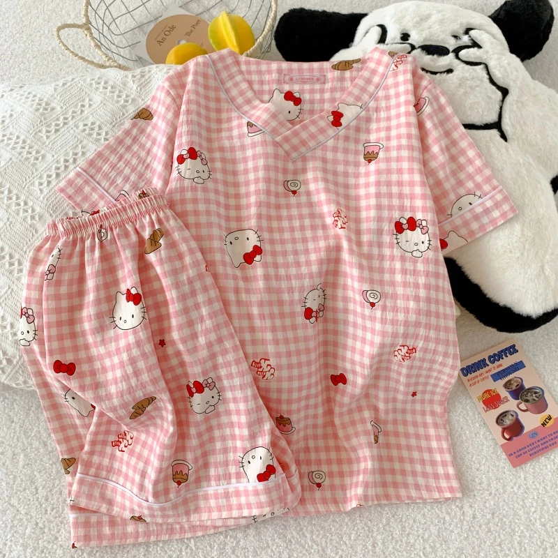 格子猫云朵棉睡衣春夏秋季女款爆款2025新款家居服套装V领短袖裤