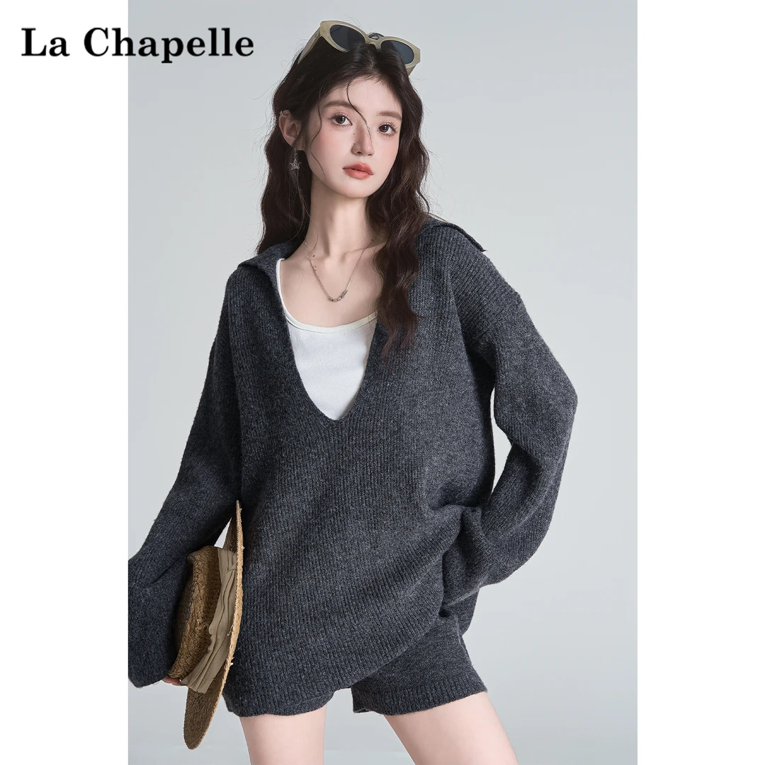 拉夏贝尔毛衣女秋季宽松显瘦羊毛上衣休闲低腰针织短裤女两件套装