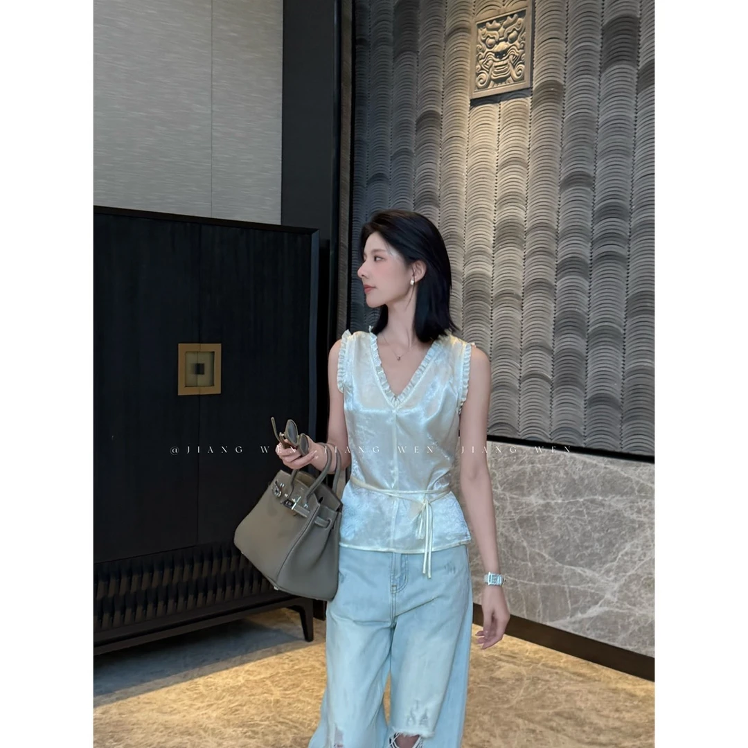 【醋酸法则】“99醋酸”法式无袖正反两穿拼接木耳边小衫交叉收腰背心