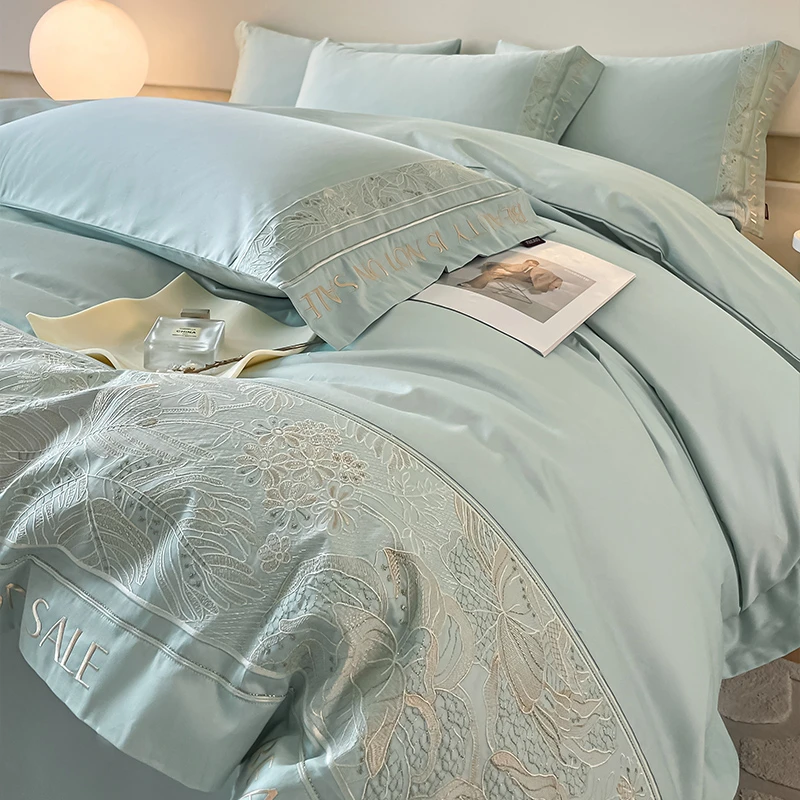 富安娜轻奢160支长绒棉四件套花卉刺绣纯棉全棉轻奢亲肤床上用品9