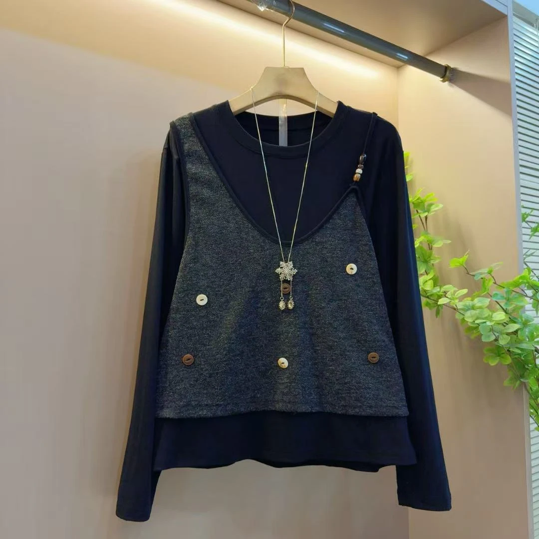 秋季新款时尚拼接减龄百搭女款减龄假两件上衣(长53左右)