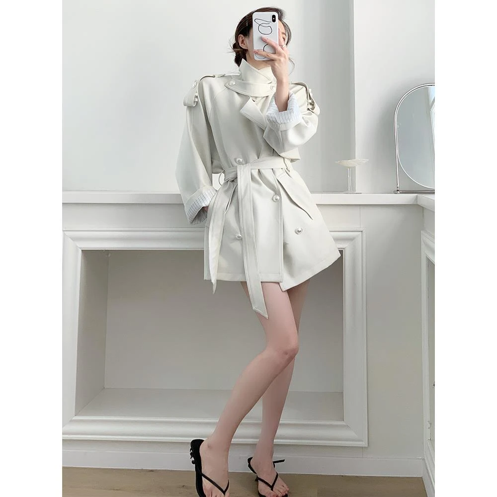 英伦风休闲白色风衣外套女秋季小个子高级感宽松系带大衣