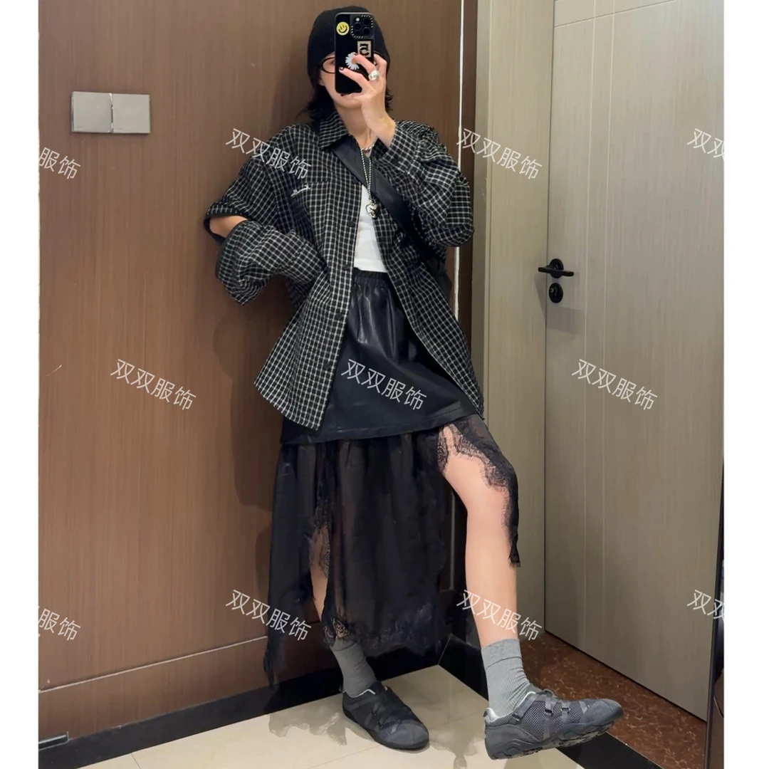 【SSOUHAN】男友风袖子可拆卸大版宽松格子衬衫外套