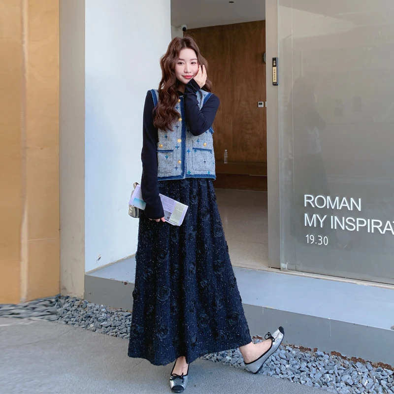 复古轻奢高级感套装裙2025春秋新款撞色小香风马甲立体玫瑰连衣裙