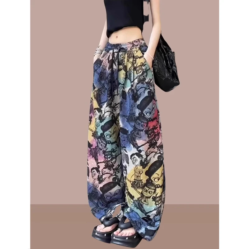 阔腿裤女装扎染渐变魔童印花直筒裤夏季新款胖妹妹薄款宽松休闲裤