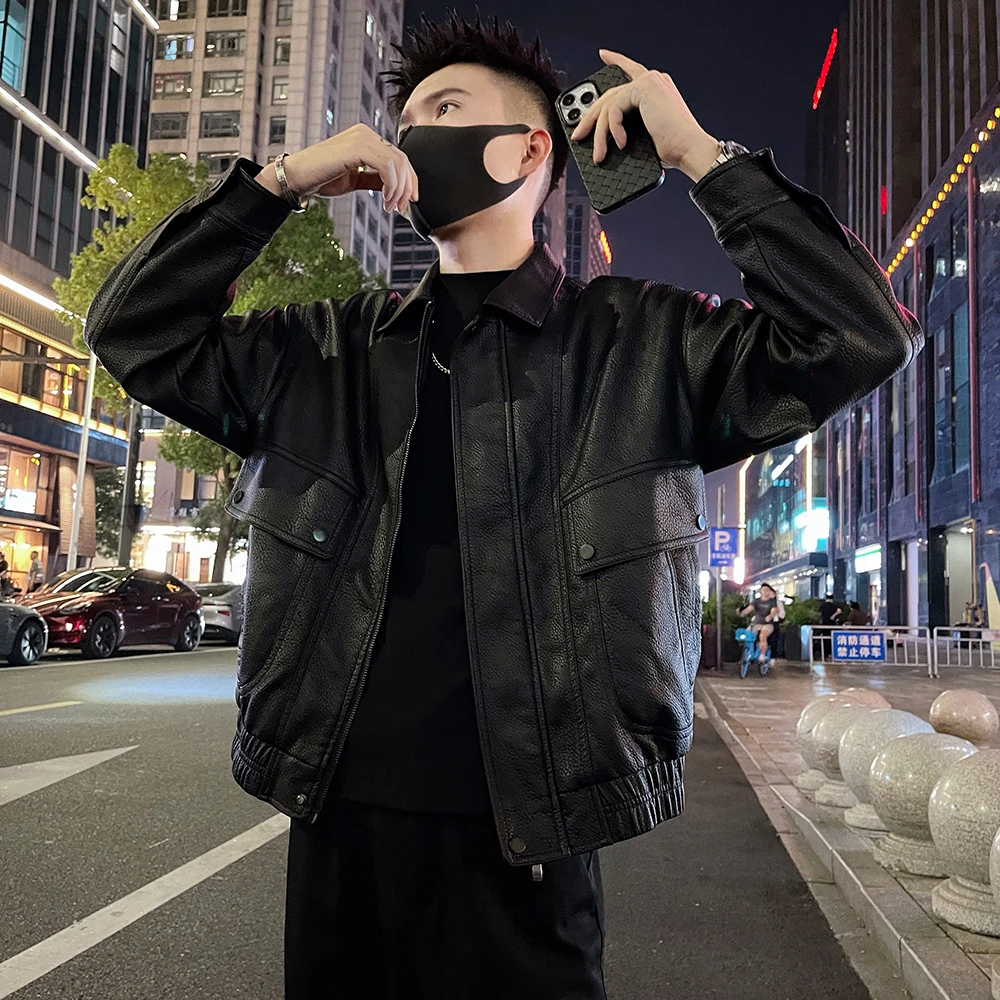 皮衣外套男款秋季翻领男生衣服高级感荔枝纹软皮夹克痞帅机车服