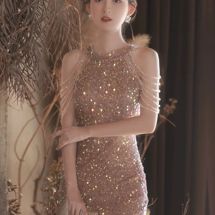 美晚礼服女新款轻奢小众高端亮闪闪年会主持人裙女装