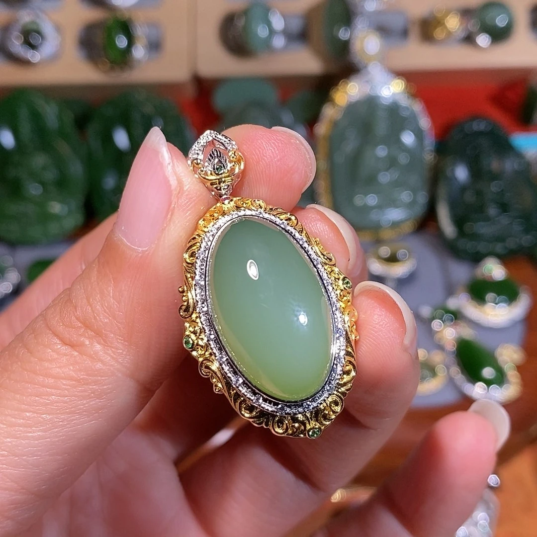 和田玉（碧玉）银S925镶嵌颈饰