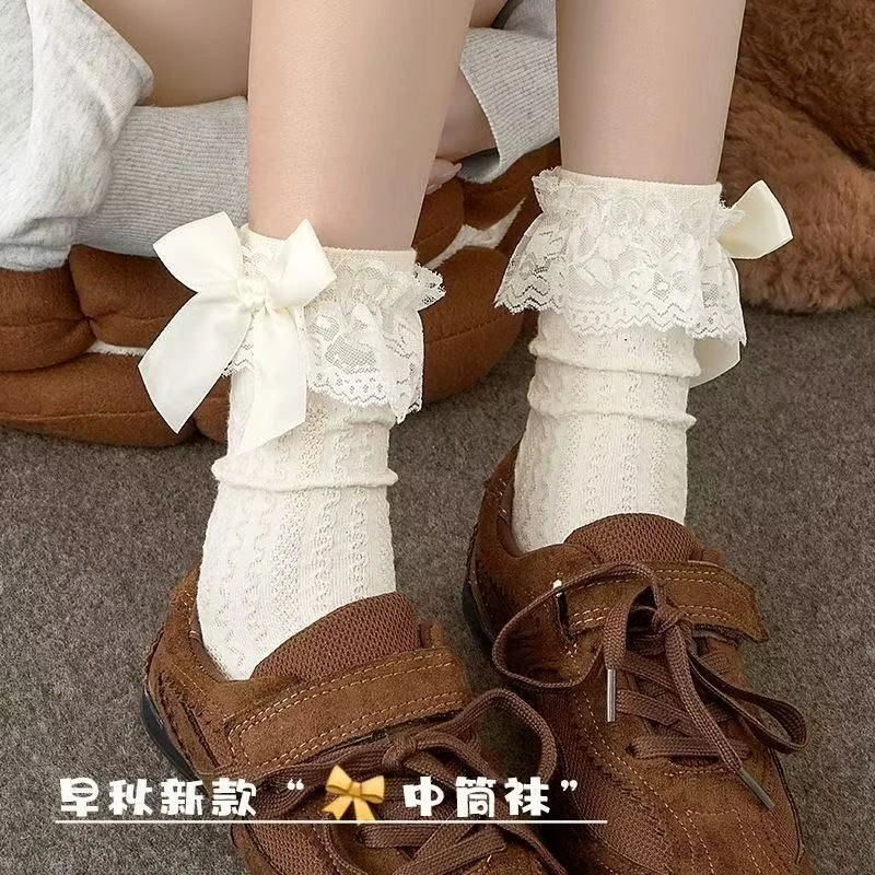 氛围感少女蝴蝶结蕾丝中筒袜女秋季日系芭蕾可爱系洛丽塔堆堆袜yj