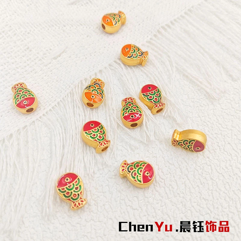 古法沙金色滴油双面金鱼通孔配件中国风彩绘锦鲤挂坠手链diy配件