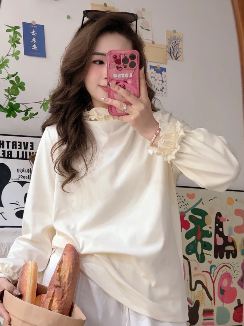 大码百搭打底衫女2024秋冬新款长袖T恤立领