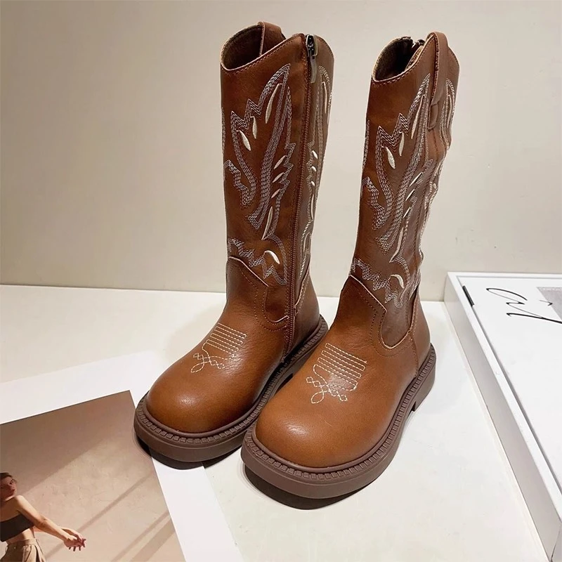 童鞋25新女童韩版2025年新款国潮长筒靴西部牛仔刺绣骑士墨素潮鞋