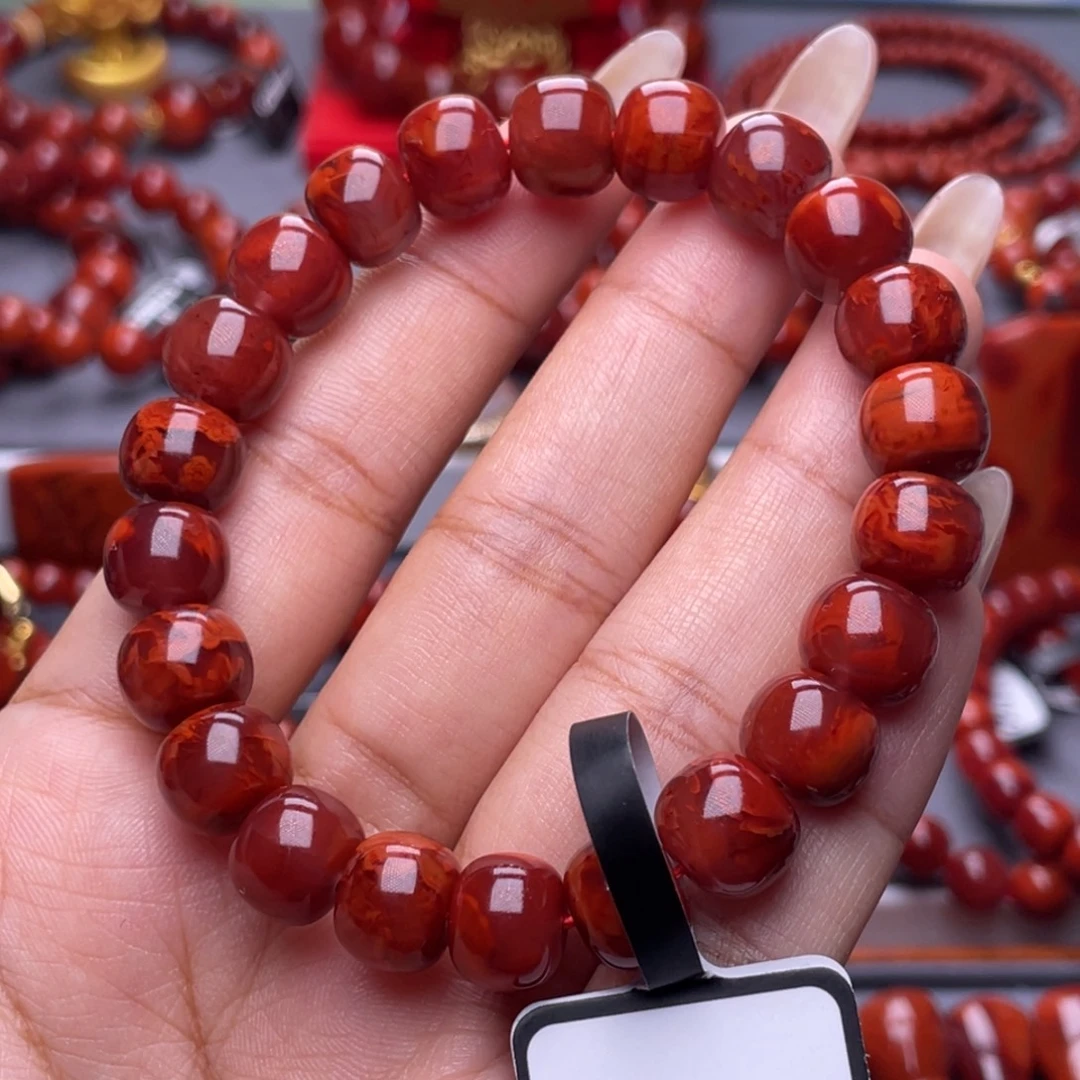 南红玛瑙未镶嵌其他原矿）收藏级10mm瓦西牛血红火焰纹单圈