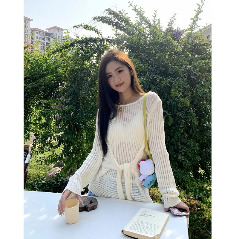 橘子树在哪儿小众设计感显瘦气质防晒罩衫女春韩系镂空绑带针织衫