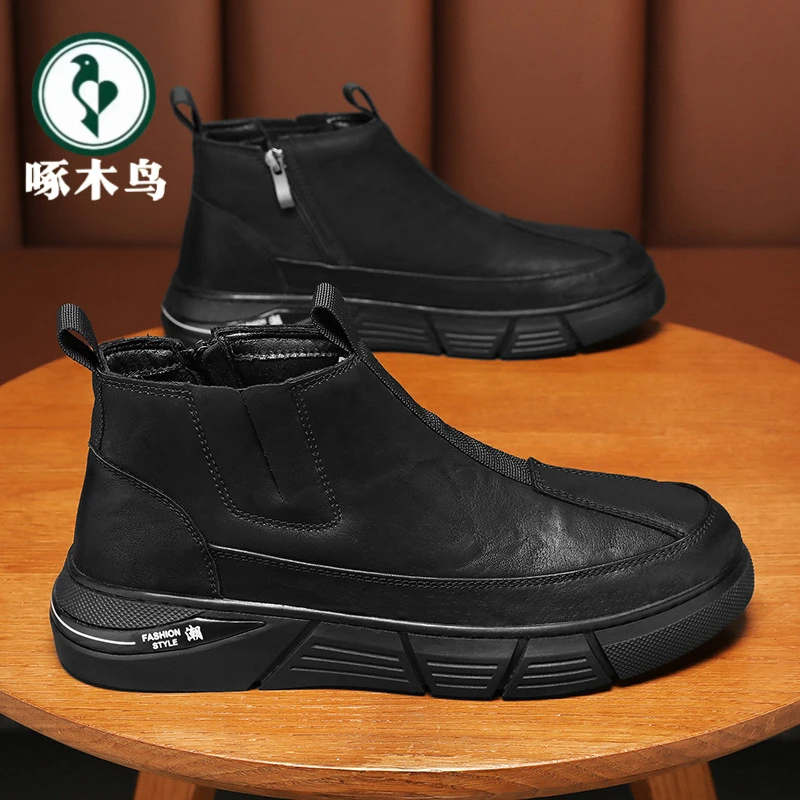 【正品】啄木鸟秋季男鞋新款透气马丁靴高帮皮鞋子男款时尚休闲短靴