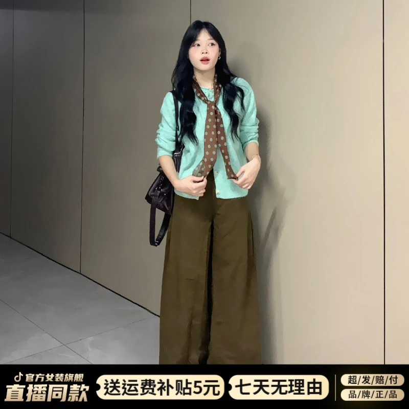 韩系早秋穿搭复古绿色针织开衫上衣女2025秋季新款慵懒风毛衣外套