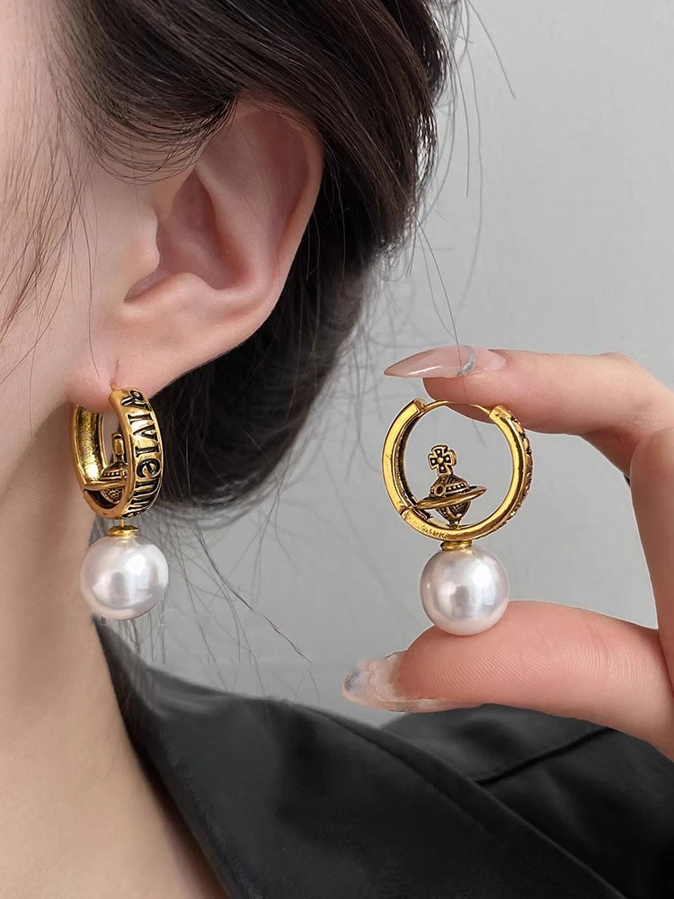 铜合金耳饰 中古风做旧土星珠珠耳环女小众圈圈耳钉后戴耳钉耳饰