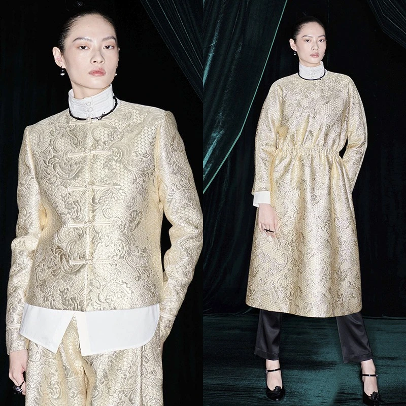 M essential 淦素提花修身新中式上衣松紧腰连衣裙