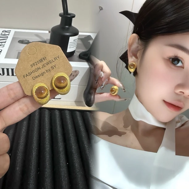 合金耳饰 高级感美拉德撞色耳环女日韩小众复古港风气质耳饰A111