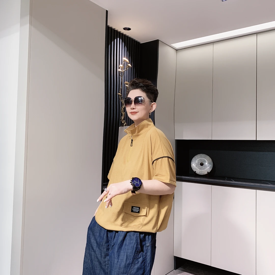 【六哥原创】设计款潮流2025夏季简约宽松半拉链口袋休闲短袖T恤