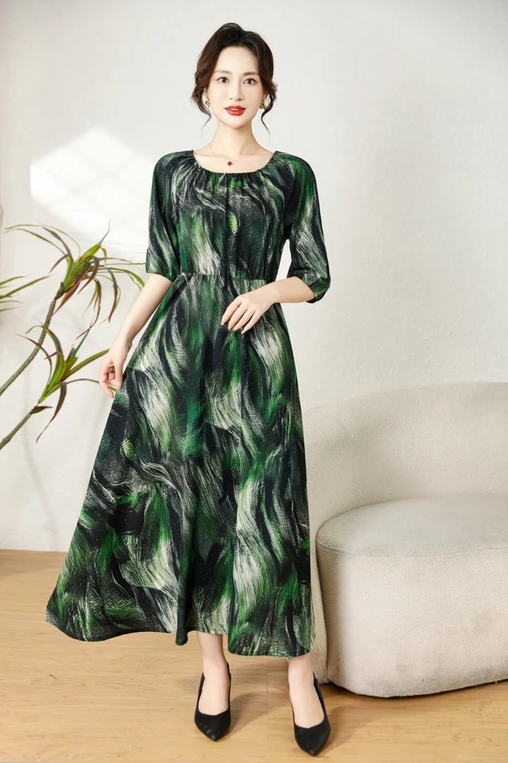 （M青墨）秋叶正品夏季时尚轻奢亲肤透气中长款连衣裙