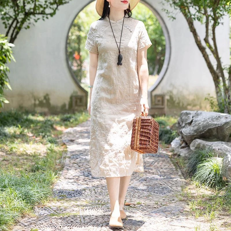 大码中式改良旗袍夏装2023年新款苎麻立领盘扣连衣裙棉麻茶服