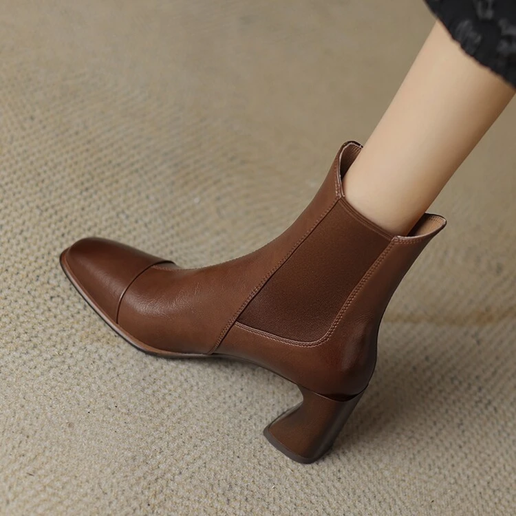 手工牛皮6厘米粗跟方头松紧切尔西靴女秋冬高跟短靴马丁靴女