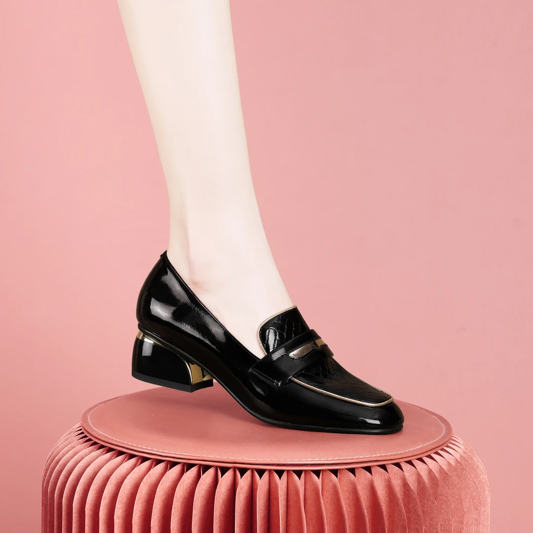 梵芮诗2024年春夏季新款方圆头中口简约条纹百搭粗跟女单鞋-H0137