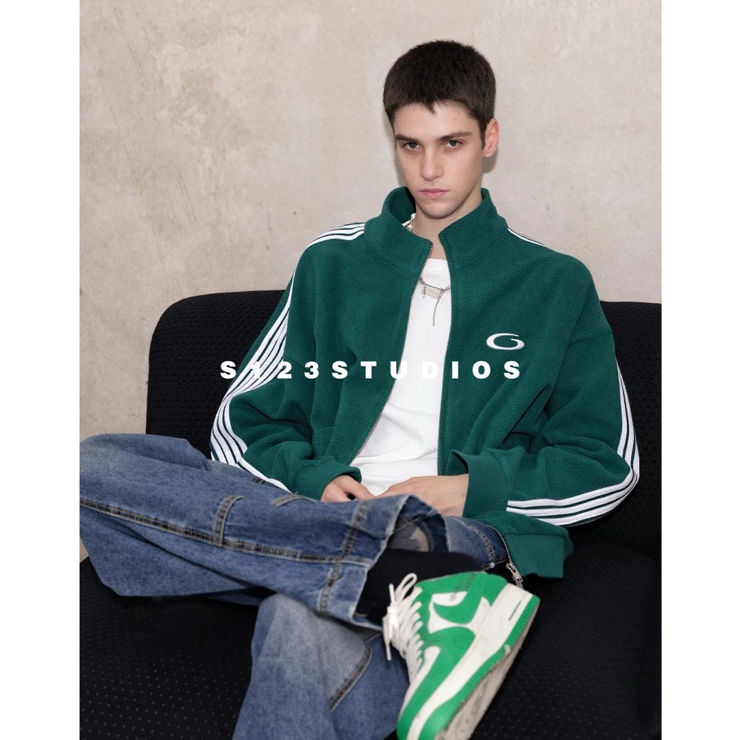 聪明陈巴家五条杠拼接撞色刺绣字母立领夹克宽松休闲情侣款外套潮