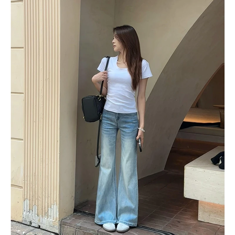 美式复古冰川蓝微喇牛仔裤女秋季新款设计感百搭辣妹修身马蹄裤子