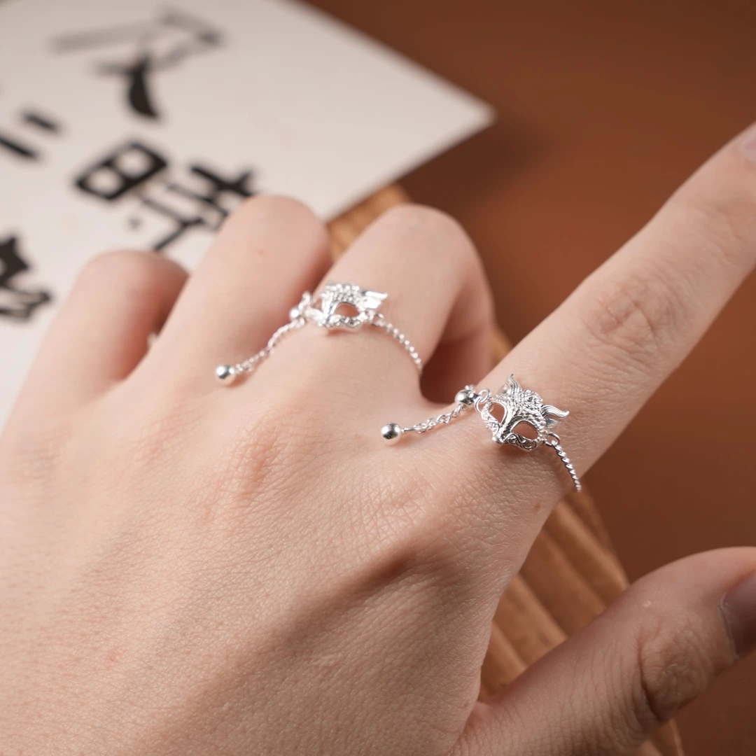 足银戒指 正品纯银玉面狐狸戒指流苏抽拉链条戒中式灵狐食指尾戒