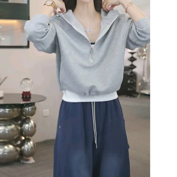 INS风拉链连帽套头短款卫衣百搭秋季休闲运动上衣