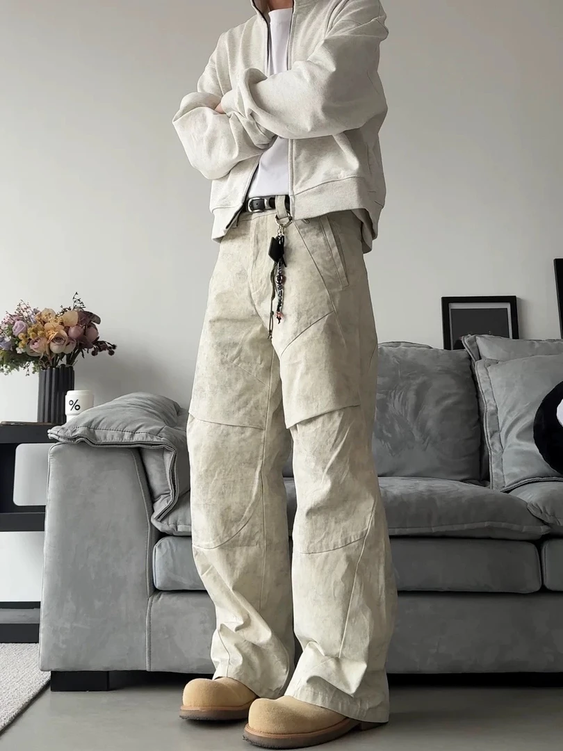 美式复古百搭直筒牛仔裤高街cleanfit男拼接复古潮宽松工装裤