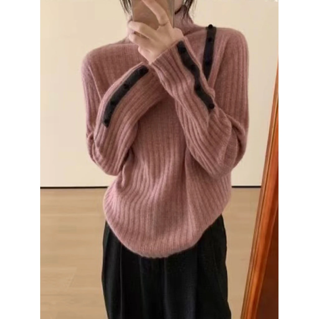 /坑条蘑菇扣打底/撞色肩扣拼接长袖慵懒坑条高领毛衣女CM77