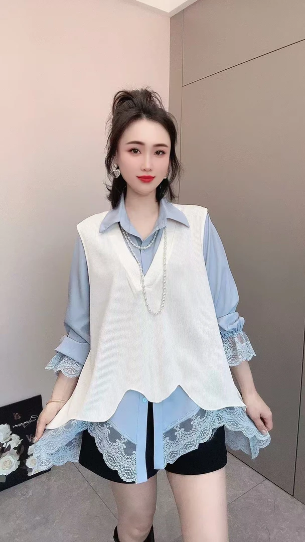 【晴儿家】春季洋气简约蕾丝不规则设计休闲百搭马甲衬衫套装6362