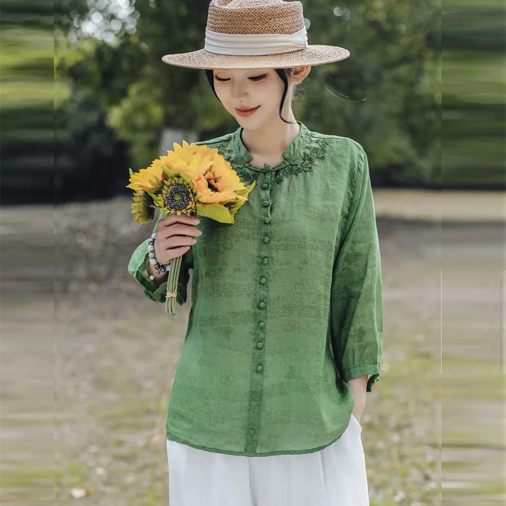 8937苎麻衬衫女2025春夏新款刺绣百搭显瘦上衣时尚盘扣立领小衫女