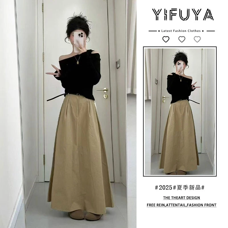 2025超火穿搭一整套韩系设计感小众斜肩镂空上衣卡其色伞裙两件套