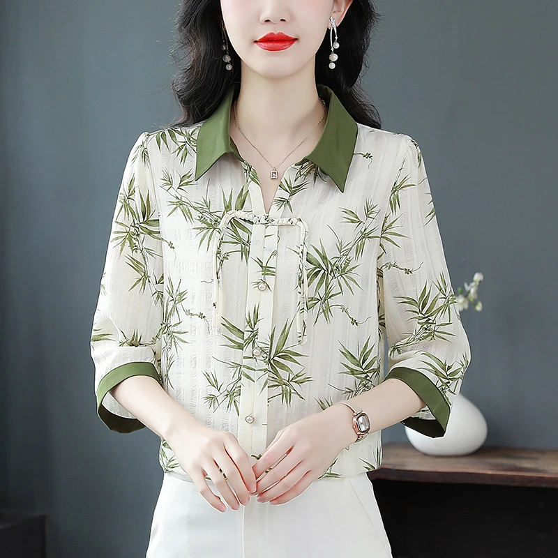 2025夏季新款印花七分袖上衣时尚百搭遮肚子气质减龄显瘦短袖