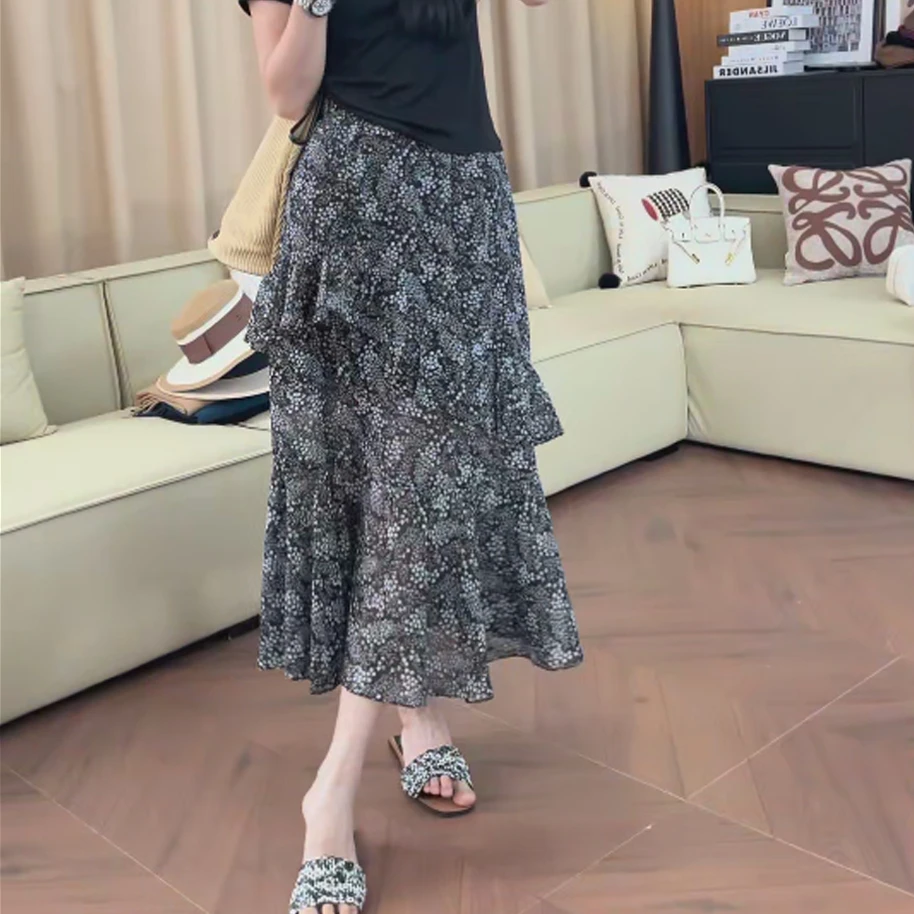 【一比Eby】“步步生花”不规则碎花雪纺印花长裙荷叶边半身裙251179#