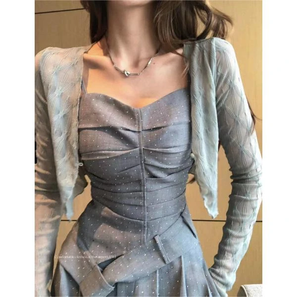 婉君【百搭菱形格开衫外套】针织蕾丝长袖菱形小开衫LWJ23A1C282